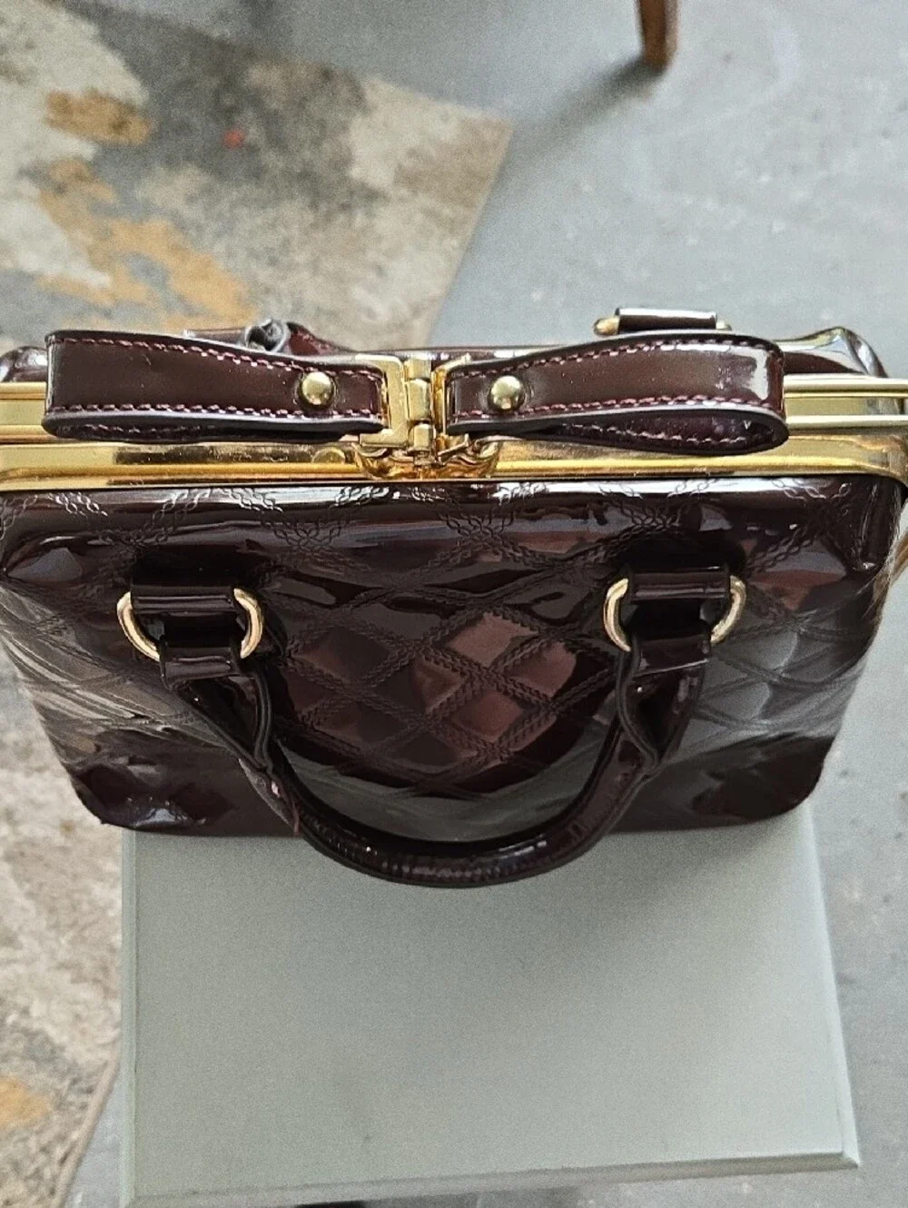 Gloss Quilted Satchel Bag in Dark Brown with Gold Frame